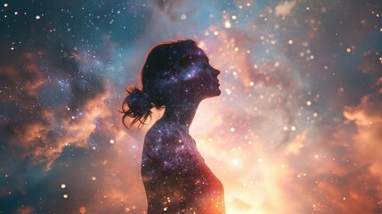 The double exposure picture of adult female human with galaxy or universe in great enormous space that starring into beautiful bright galaxy space that filled with uncountable amount of star. AIGX03. - obrazy, fototapety, plakaty