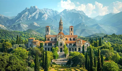 Wall murals Old building Beautiful European palace and  panoramic landscape with blue mountains 