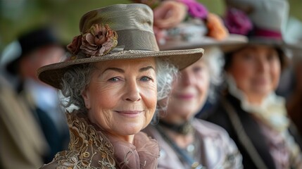 Well dressed English women watching Horse racing event on country side - obrazy, fototapety, plakaty