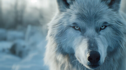 Naklejka premium Majestic White Wolf in Snowy Wilderness - A Portrait of Wild Beauty