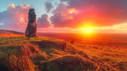 Easter island's sculptures at sunset - obrazy, fototapety, plakaty
