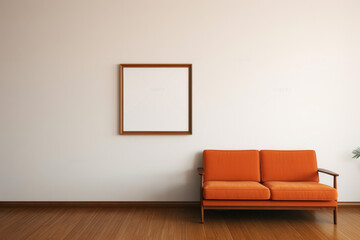wooden frame with blank white canvas in modern living room, minimalistic, mockup