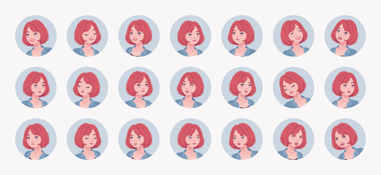 Young red choppy bob haircut pale woman, cute female avatar nice portrait set, appearance bundle. Different feelings, face emotion icons, player character mood, user pic circles. Vector illustration