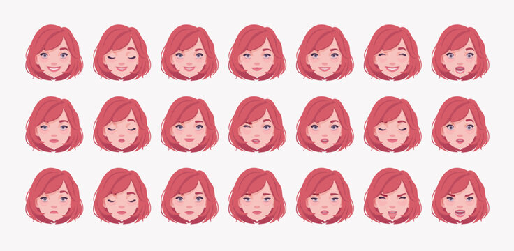 Young red choppy bob haircut pale woman, attractive female emotion set, cute girl bundle portrait. Different face icons, positive, negative facial expression feature pic. Vector illustration circles