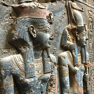 Ancient relief with Pharaoh and priests, inspires by Egyptian art of 18th dynasty