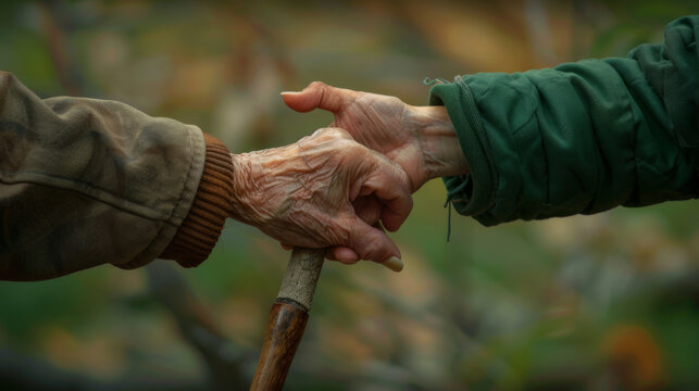An elderly hand with a cane is gently held by a younger one.