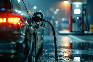 Pumping gasoline fuel in car at gas station - obrazy, fototapety, plakaty