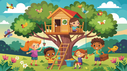 Obraz na płótnie Canvas kids tree house vector illustration children nat 