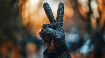 Victory or peace sign gesture in leather glove. Positive symbolism and non-verbal communication concept - obrazy, fototapety, plakaty