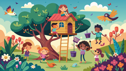 kids tree house vector illustration children nat 