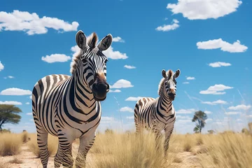 Fototapeten a group of zebras walking across the savanna © Breyenaiimages