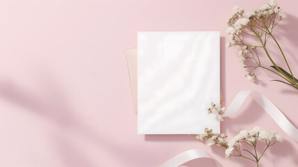Elegant Pink Floral Background with White Paper and Ribbon Concept