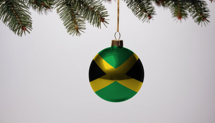 New Year's ball with the flag of Jamaica on a Christmas tree branch isolated on white background. Christmas and New Year concept.