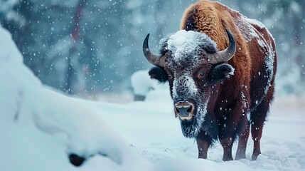 A Bison in winter - obrazy, fototapety, plakaty