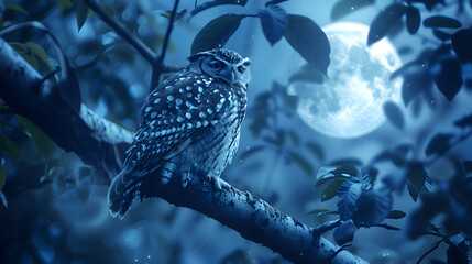 A nocturnal owl perched on a moonlit branch