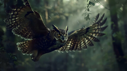 A nocturnal owl swooping down to catch its prey