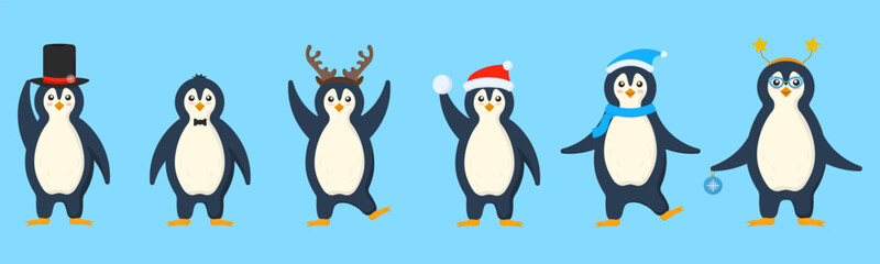 Collection of funny cartoon arctic characters animals in outerwear. Set of adorable penguins wearing winter clothing and hats. Postcard for New Year and Christmas. Vector image in cartoon flat style.