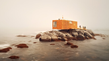 People on a terrace of a minimalistic wooden house located on a tiny rocky island in the middle of the ocean. Cold and moody sea, cloudy sky, mysterious atmosphere.