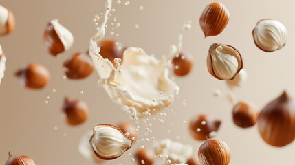 Dynamic Hazelnuts Splashing into Fresh Milk Against Beige Background