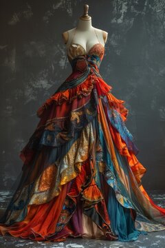 Mannequin with a bright colorful carnival dress on a black background