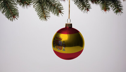 New Year's ball with the flag of Spain on a Christmas tree branch isolated on white background. Christmas and New Year concept.
