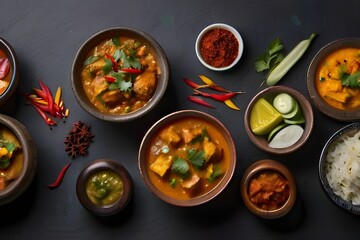 Bowls of indian food on dark background. generative AI