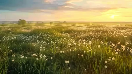 Fotobehang wild grass field and textured expressive sky in a beautiful morning natural summer landscape vibrant gold sunrise over a rural landscape       © pier