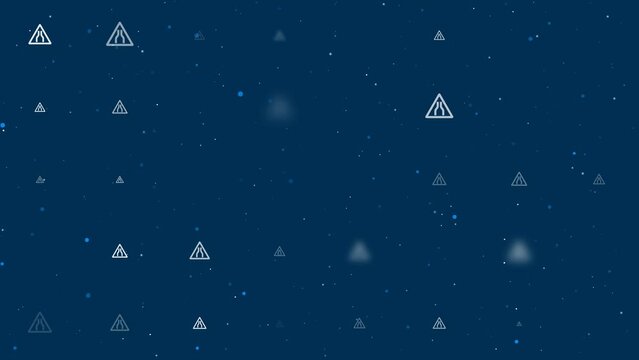 Template animation of evenly spaced road narrowing signs of different sizes and opacity. Animation of transparency and size. Seamless looped 4k animation on dark blue background with stars