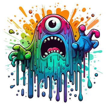 A one-eyed rainbow ghost splattered with colorful paint with a gaping mouth showing teeth and a tongue