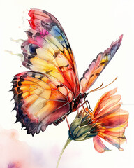 Watercolor Art Colorful graffiti butterfly on flower white background