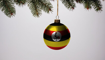 New Year's ball with the flag of Uganda on a Christmas tree branch isolated on white background. Christmas and New Year concept.
