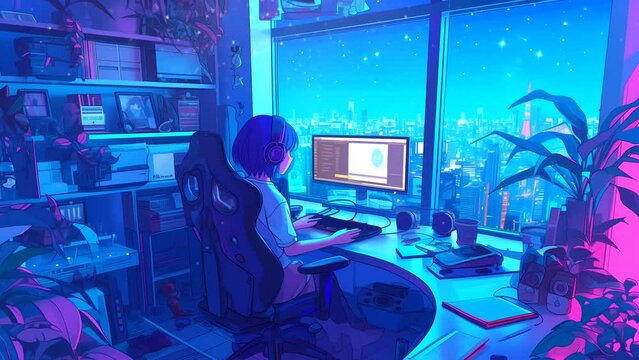 Lofi anime girl sitting on a gaming chair staring at the computer screen in her room. seamless looping 4k time-lapse animation video background