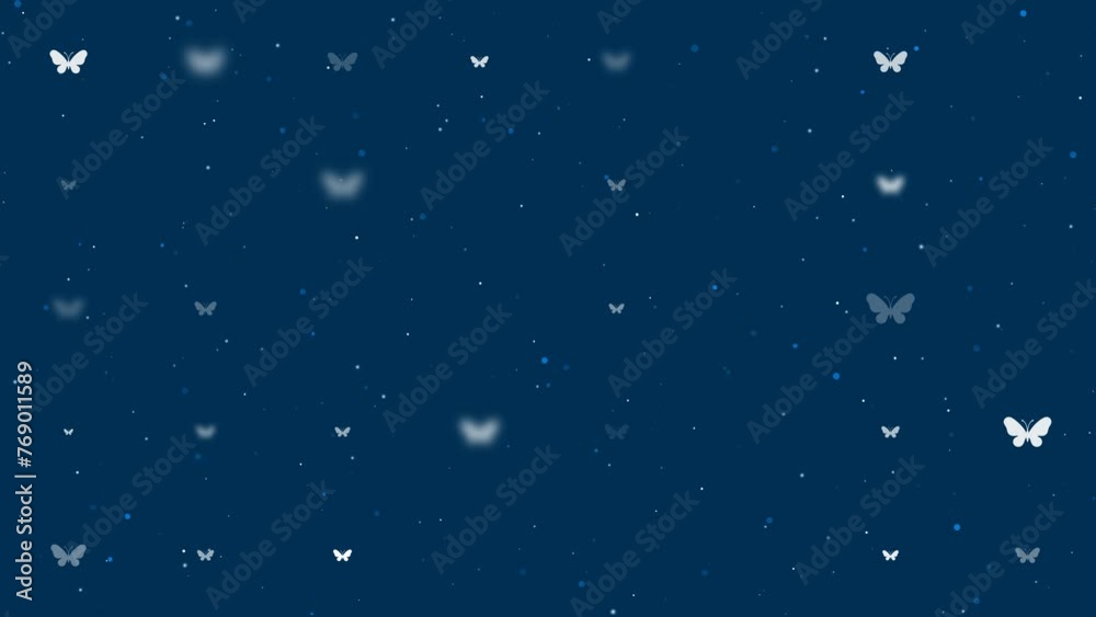 Poster template animation of evenly spaced butterfly symbols of different sizes and opacity. animation of t