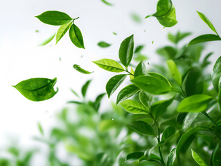 Obraz premium Fresh Green Leaves Tossed in the Air with Vibrant Nature Background