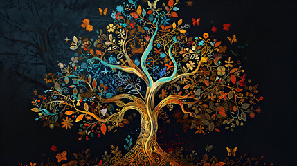A colorful tree with orange and blue hues, surrounded by birds and butterflies.AI Generated