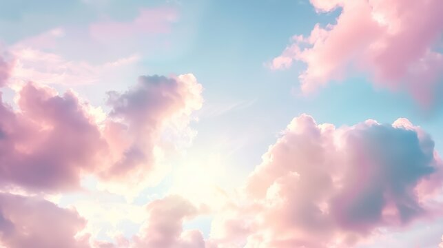 panoramic natural view of a dreamy sky beautiful background image of a romantic blue sky with soft fluffy pink clouds