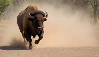 A Buffalo Kicking Up Dust As It Runs - obrazy, fototapety, plakaty