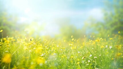 sunny day beautiful blurred spring background nature with blooming glade chamomile trees and blue sky