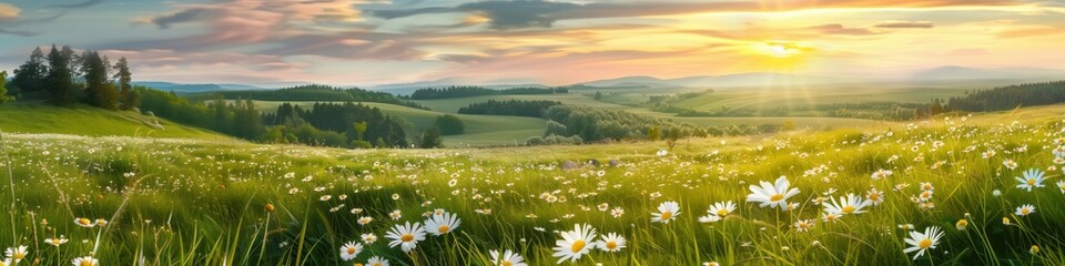 spring and summer beautiful natural panoramic pastoral landscape with blooming field of daisies in the grass in the hilly countryside