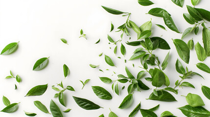Fresh Green Tea Leaves Scattered on a White Surface