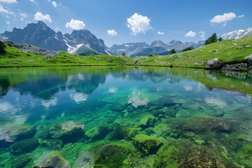 a lake in a green meadow and mountains on the horizon