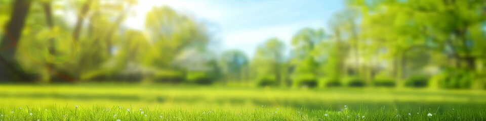 Fototapeta na wymiar neatly trimmed lawn surrounded by trees against a blue sky with clouds on a bright sunny day beautiful blurred background image of spring nature