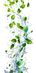 Fresh Green Leaves Twirling in Pure Water Stream with Air Bubbles