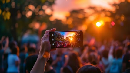 a scene capturing the electric atmosphere of a live outdoor concert with a sea of spectators