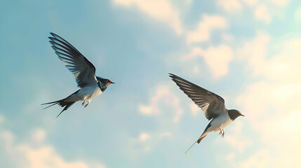 A pair of graceful swallows swooping through the sky