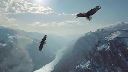 A pair of majestic eagles soaring high above the mountains