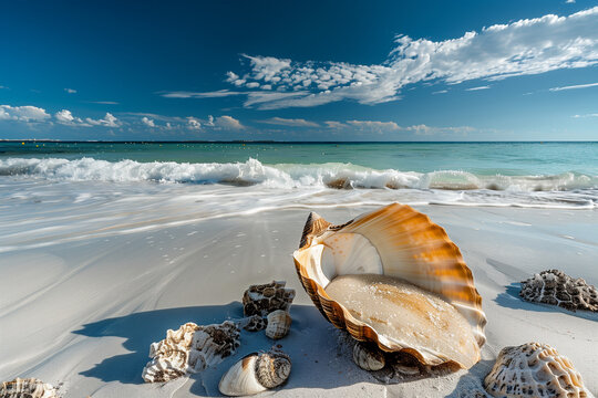A white seashell rests on the sandy shore with the vast ocean and clear sky stretching out behind it