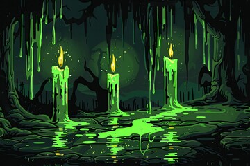 Haunted house floor, 8bit style, moss green, flickering candlelight, RPG