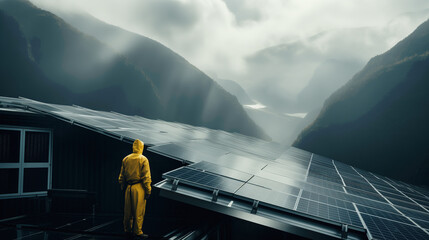 Pensive worker in yellow protective suit, standing near solar panels installation, looking into the distance. Working with modern technologies in a remote location. Clean energy plant.