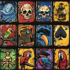 Pirate deck pixel art, random vibrant tiles, 8bit, occasional parrot feathers